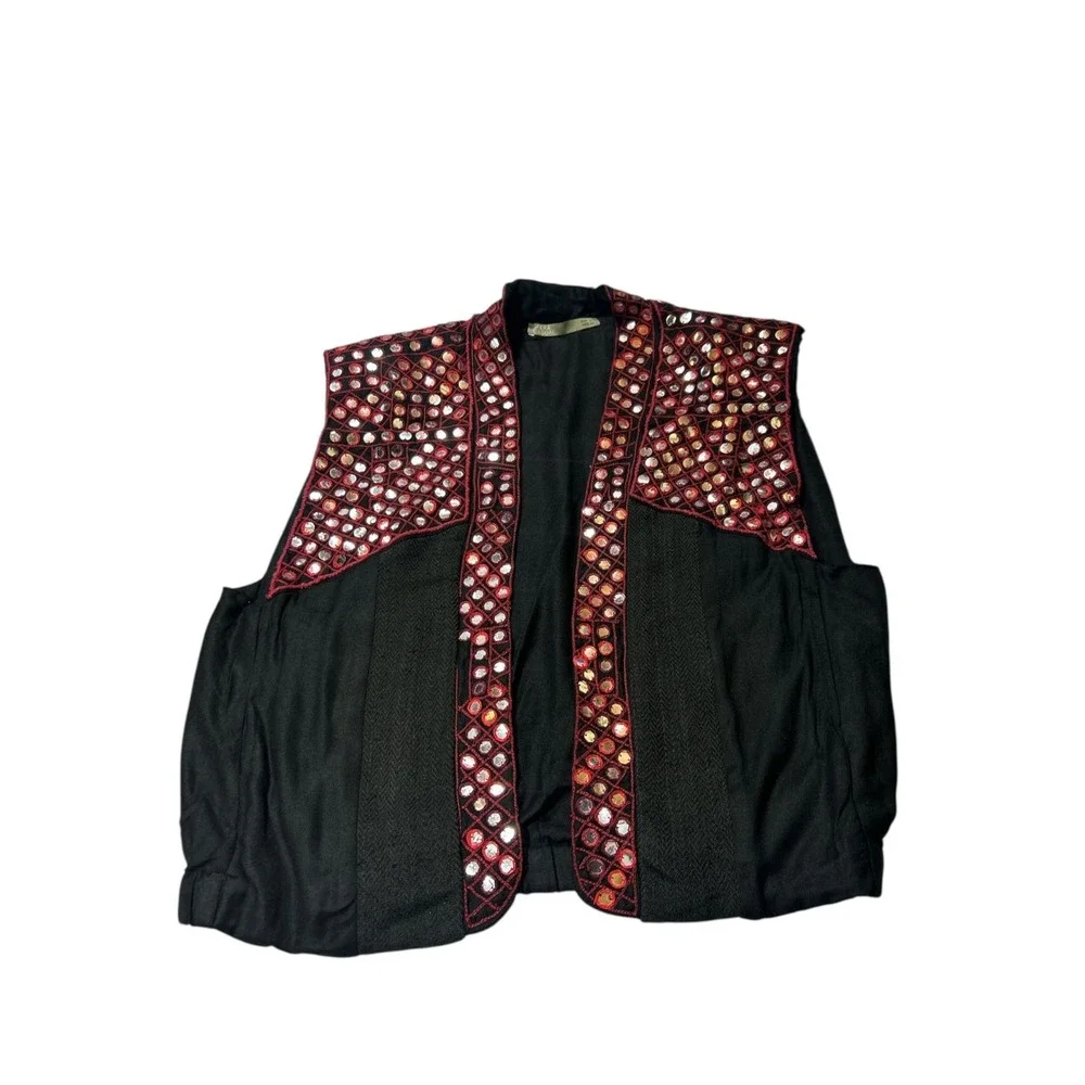 Sfera Casual Black Red Mirror Embroidered Open Front Vest Boho Large